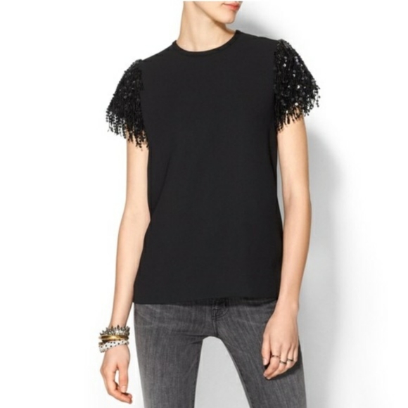 KATE SPADE BLACK SEQUIN FRINGE CREPE TEE SZ 4 - Picture 1 of 1